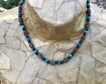 Genuine Hubei turquoise, black lava stone, and jasper men’s necklace. Rustic jewelry. Sterling silver details by Serafin. Adjustable length