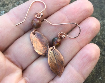 Autumn leaves copper earrings. Handmade with earth tone jasper stones. OAAK Each leaf made by hand. Fall accessories. Jewelry by Serafin.