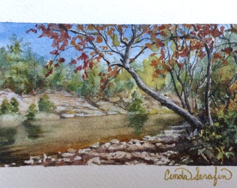 Framed ORIGINAL watercolor miniature landscape, autumn, fall. Green mat and rustic wood 8 X 10 frame. Lake, water scene by Cinda Serafin SFA