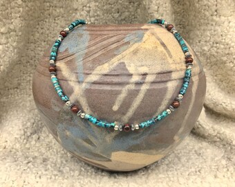 Genuine Hubei turquoise and sterling silver necklace. Southwestern style or western wear. Great to layer! Handmade by Cinda Serafin
