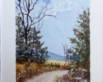 FRAMED ORIGINAL a miniature watercolor landscape, autumn, fall scene, rustic. With 8 X 10 mat and frame. Arkansas mountains by Cinda Serafin