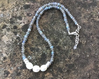 AAA grade freshwater pearls and labradorite necklace, 16 1/2 to 18 inches. 925 sterling silver. Wedding, anniversary. Handmade by Serafin