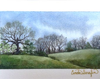 FRAMED ORIGINAL  miniature watercolor landscape, winter, spring rain. 8x10 mat and frame. 100 dollar painting by Cinda Serafin, SFA