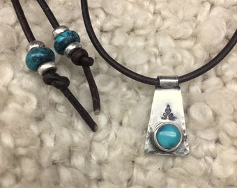 Dainty handmade leather necklace with genuine turquoise and sterling silver pendant. Adjustable length. Western jewelry, simple, minimalist.