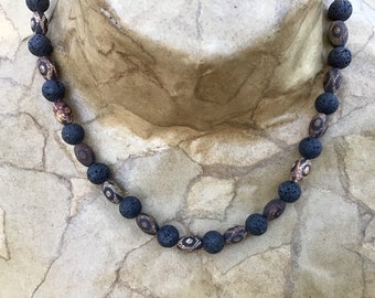 Men’s necklace, black lava stone and jasper. Rustic jewelry for men. Sterling silver, handmade by Serafin. Rugged, natural stone. Adjustable