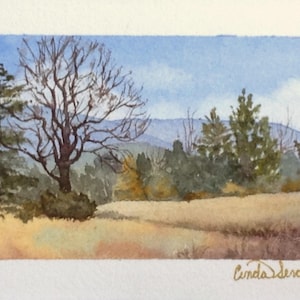 FRAMED ORIGINAL watercolor landscape, winter. Miniature 100 dollar painting. Rolling hills, farm,cloudy sky. Rustic decor. Cinda Serafin