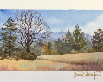 FRAMED ORIGINAL watercolor landscape, winter. Miniature 100 dollar painting. Rolling hills, farm,cloudy sky. Rustic decor. Cinda Serafin