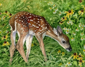 ACEO Giclee print from watercolor painting whitetail deer fawn miniature Cinda Serafin, nature wildlife, rustic wall decor, cabin, lodge SFA