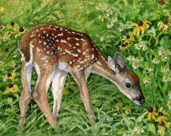 May include: A watercolor painting of a young fawn with brown and white spots standing in a field of green grass and yellow flowers.
