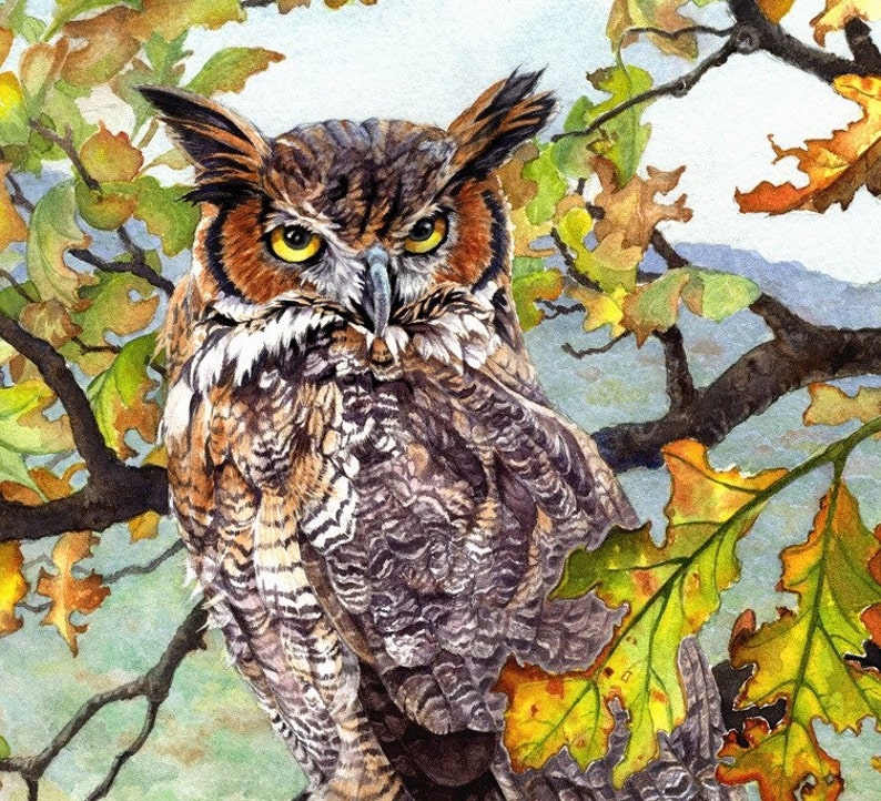 May include: A brown and gray great horned owl with yellow eyes perched on a branch of a tree with yellow and green leaves. The owl is looking directly at the viewer.