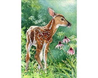 May include: A watercolor painting of a young deer fawn standing in a field of green grass and pink flowers. The fawn is brown with white spots and has large ears.