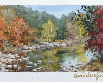 Framed ORIGINAL watercolor landscape, autumn, fall scene. Rustic, cabin decor, art.  Miniature, ready to hang! Lake, water. Cinda Serafin