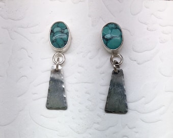 Genuine Hubei turquoise and sterling silver earrings. Drop, dangle, post, southwestern style. Western wear. Handmade by Cinda Serafin