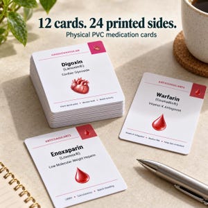 May include: A set of 12 physical PVC medication cards with 24 printed sides. The cards feature medical information for Digoxin, Warfarin, and Enoxaparin, including drug names, classifications, and icons of a heart or blood drops on white backgrounds.