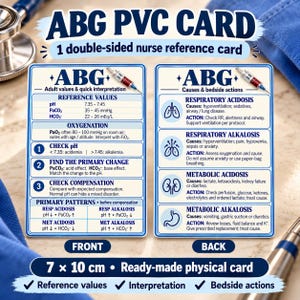 May include: A double-sided PVC nurse reference card measuring 7 by 10 cm, featuring ABG adult values, quick interpretation, causes, and bedside actions. The card displays medical text, icons of lungs, kidneys, and a stomach, and a syringe graphic.