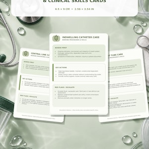 May include: A set of 20 nursing procedures and clinical skills cards measuring 6.5 x 9 cm or 2.56 x 3.54 inches. The cards feature white backgrounds with sage green text and headers, detailing medical protocols like indwelling catheter care.