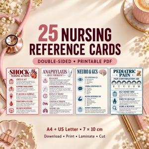 25 tarjetas de referencia para enfermeras / Guía rápida de enfermería / Tarjetas de identificación imprimibles