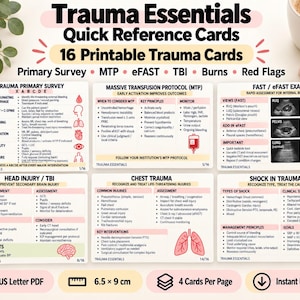 Könnte beinhalten: Ein Set aus 16 druckbaren Trauma-Referenzkarten mit medizinischen Informationen zu Themen wie Primäruntersuchung, MTP, eFAST, SHT, Verbrennungen und Warnsignalen. Jede Karte enthält Text, Symbole und Diagramme. Die Karten messen 6,5 x 9 cm.