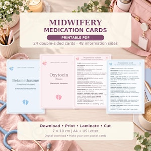 May include: Midwifery medication cards printable PDF featuring 24 double-sided cards with 48 information sides. Cards display medical details for Betamethasone, Oxytocin, Magnesium sulfate, and Tranexamic acid. Includes 7 x 10 cm sizing.
