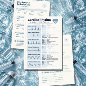 May include: A set of 40 nurse quick reference cards featuring medical information on electrolyte imbalances, cardiac rhythms, and oxygen delivery devices. The cards are white with blue text and icons, displaying charts, ECG waveforms, and clinical data.