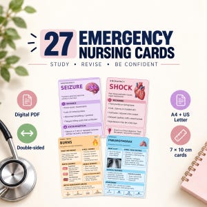 May include: A set of 27 emergency nursing cards featuring medical topics like seizures, shock, burns, and pneumothorax. The cards include text, anatomical illustrations, and clinical assessment details. The set is available as a digital PDF in A4 and US Letter sizes, with individual cards measuring 7 by 10 inches.