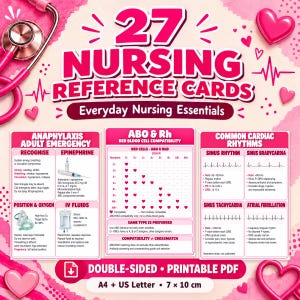 May include: A set of 27 nursing reference cards featuring medical information on anaphylaxis, ABO and Rh blood compatibility, and common cardiac rhythms. The cards are pink and white with text, diagrams, and a stethoscope illustration.