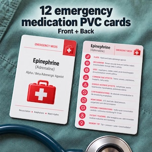 Puede incluir: Dos tarjetas de PVC blanco con información médica sobre la epinefrina. La tarjeta frontal muestra el nombre del fármaco, su clase y un icono de botiquín rojo. La tarjeta posterior detalla el mecanismo, los usos, los efectos y las precauciones.