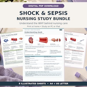 May include: A digital nursing study bundle titled SHOCK & SEPSIS NURSING STUDY BUNDLE featuring eight illustrated sheets. The documents include medical diagrams of the heart, blood vessels, and organs, with text explaining shock and sepsis.