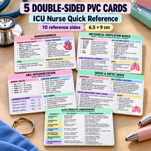 Puede incluir: Cinco tarjetas de PVC de doble cara que miden 6,5 x 9 cm, tituladas ICU Nurse Quick Reference. Las tarjetas contienen información médica sobre hemodinámica, ventilación mecánica, interpretación de gases arteriales, sepsis y emergencias electrolíticas.