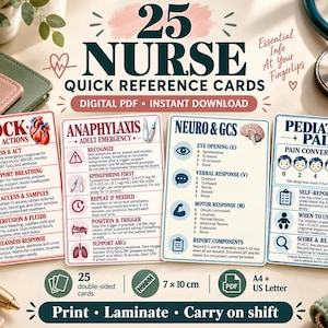 Può includere: Un set di 25 schede di riferimento rapido per infermieri in formato PDF digitale. Le schede contengono informazioni mediche su shock, anafilassi, Neuro & GCS e dolore pediatrico. Ogni scheda misura 7 x 10 cm.