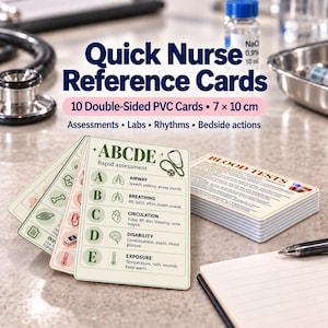 Op de afbeelding: Een set van 10 dubbelzijdige PVC verpleegkundige referentiekaarten van 7 bij 10 cm. De kaarten bevatten medische informatie, waaronder de ABCDE-snelle beoordeling, bloedtesten en klinische gegevens met iconen voor luchtwegen en circulatie.