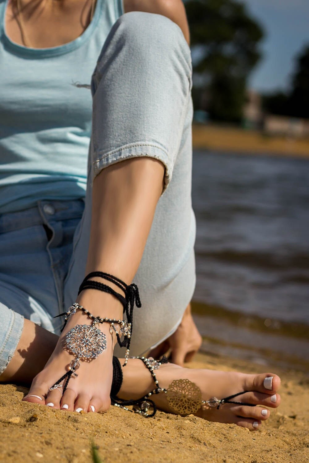 Barefoot Sandals Black Boho Anklets Beach Wedding Barefoot Etsy