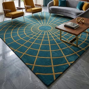 8x10ft.Teal & Gold Geometric Tufted Rug, Handmade Radial Pattern Area Rug for Living Room, Mid Century Modern Custom Decor 7x12ft.