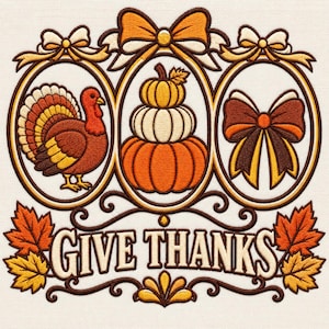 Motif de broderie « Dinde de Thanksgiving », citrouilles empilées et nœud, décoration automnale rétro pour Thanksgiving, fichier de broderie machine, téléchargement instantané