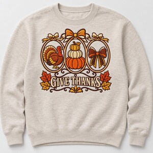 Give Thanks Turkey Embroidery Design, Stacked Pumpkins and Bow, Retro Thanksgiving Fall Decor Machine Embroidery File, Instant Download