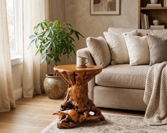 May include: A round side table crafted from a single piece of natural light brown wood with a textured, organic root base and a smooth circular top. A small ceramic mug sits on the center of the table surface.