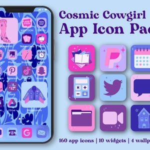 May include: A smartphone displaying a Cosmic Cowgirl 2.0 App Icon Pack with purple and pink themes. The screen shows various app icons and widgets, including a cowboy boot and a jacket. To the right, nine individual app icons are displayed.
