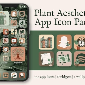 May include: A smartphone screen displaying a custom app icon pack with a plant theme, featuring earthy tones of green and brown. The text reads Plant Aesthetic App Icon Pack, 100 app icons, 6 widgets, and 2 wallpapers. Icons include plants, books, and clocks.