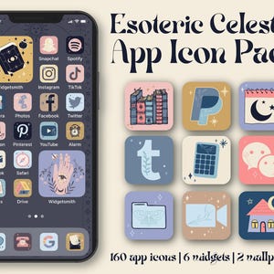 May include: A digital Esoteric Celestial App Icon Pack featuring a smartphone display with custom icons and widgets, alongside a grid of nine square app icons in pastel and dark tones, including symbols like books, a house, and a calculator.