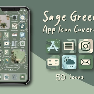 Könnte beinhalten: Ein Smartphone-Bildschirm mit einem salbeigrünen Design, benutzerdefinierten App-Symbolen und Widgets mit botanischen Linienzeichnungen. Daneben befinden sich sechs quadratische App-Symbole in Grün- und Cremetönen. Der Text lautet Sage Green App Icon Covers 50 icons.