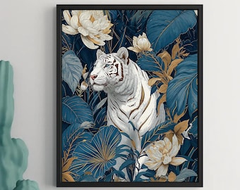 May include: A framed art print featuring a white tiger amidst lush, stylized foliage. The artwork showcases a white tiger with brown stripes, surrounded by large blue and gold leaves and cream-colored flowers. The print is set against a dark blue background.