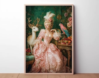 May include: A vertical wall art print depicting a person in a voluminous, pale pink gown with lace details and a tall, feathered hairstyle. Beside them stands a white deer, while a pink parrot perches on a wooden table laden with red fruit.