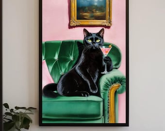 Sophisticated Black Cat Wall Art Print – Whimsical Cocktail Cat on Couch, Funny Pet Portrait, Modern Home Decor | Unframed