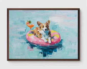 Impression d'art flotteur de piscine Corgi : décoration murale de chien d'été, sans cadre