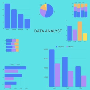 Op de afbeelding: Een digitale infographic met de titel DATA ANALYST met diverse datavisualisaties op een lichtblauwe achtergrond, waaronder verticale en horizontale staafdiagrammen, een cirkeldiagram en gestapelde staafdiagrammen voor verkoop en financiën.