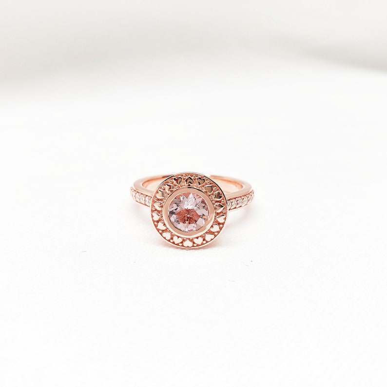 One of a Kind Engagement Ring in 10k Pink gold with Morganite and diamond, Lovely Heart shape Halo Ring, Handmade in Canada by Gwen Park image 1