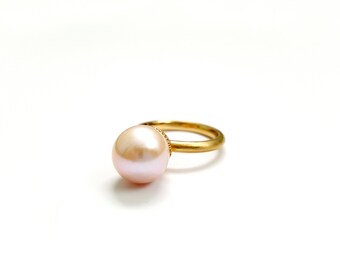 14k Gold and Peach Color Fresh Water Pearl Ring, One of Kind Organic Shape Gold Ring, Feminine Style Fine Jewelry, Custom Made Unuique Ring