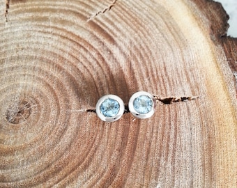 One of Kind Fine Silver Jewelry, Unique and Delicate Design Studs with Aquamarine in Sterling Silver, Handmade Silver Earrings