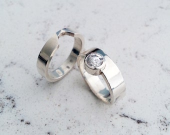 White Sapphire Stacking Engagement ring and wedding band set in Sterling Silver, Unique and Modern Bridal Rings, Handmade and Custom Order