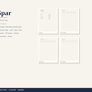 May include: A digital workout log planner titled Spar, featuring a Sunday-Saturday training strip, session logs for sets, reps, and load, cardio, PR board, metrics, and recovery notes. Includes four page previews: cover, this week, session, and PR board.